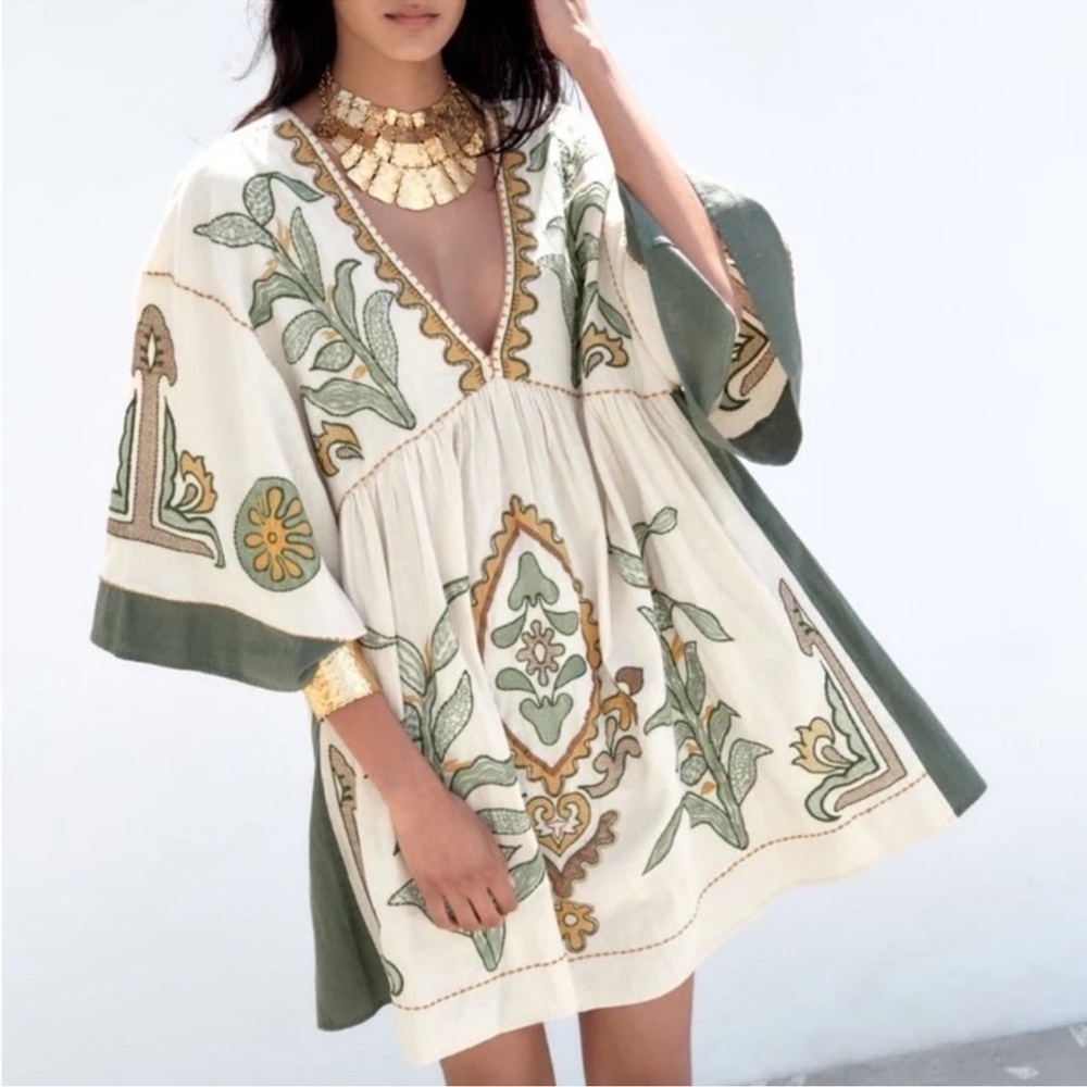 #173 Embroidered Linen Blend Cream and Sage Green Mini Dress